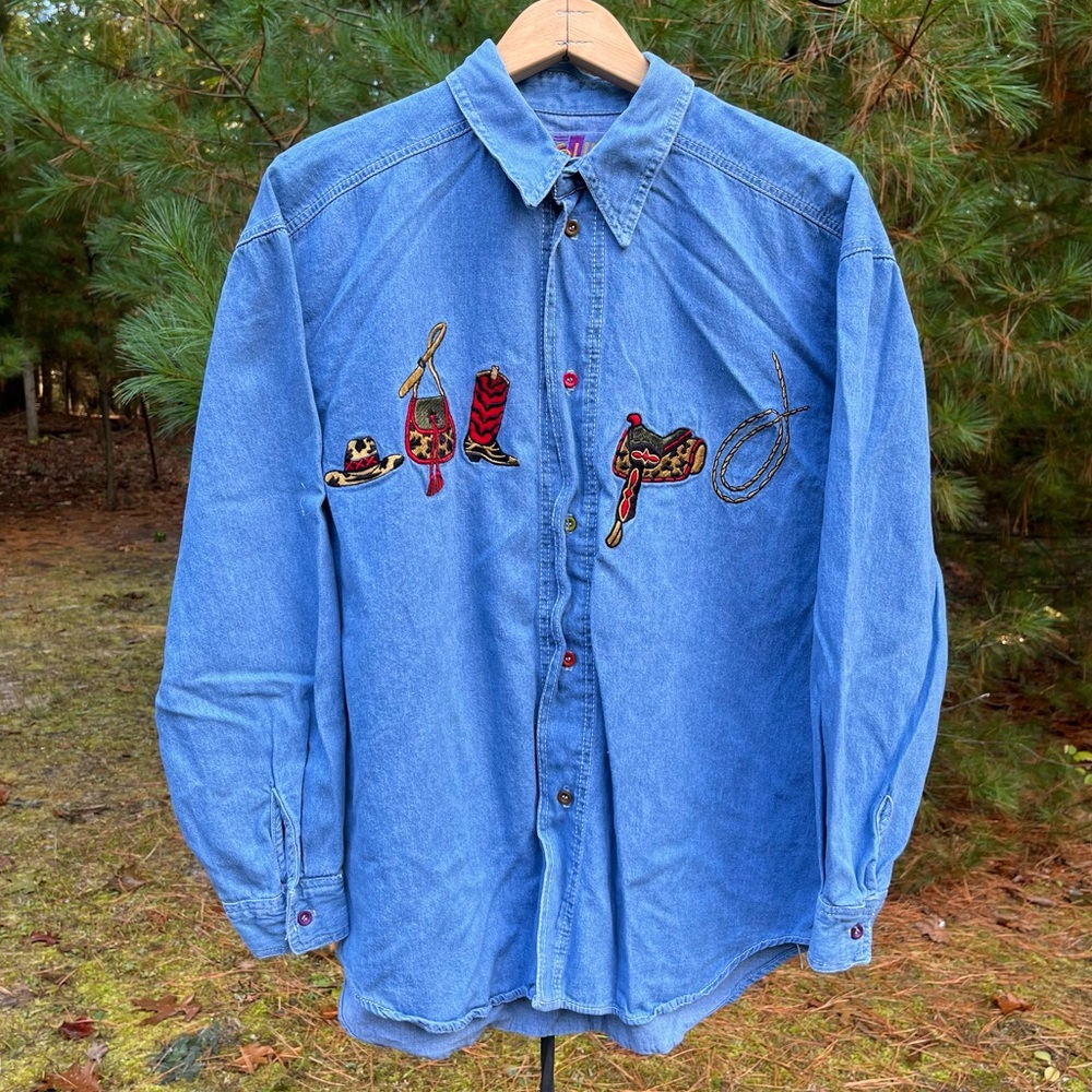 80s Groupy Western Denim Button-Up Shirt Size M Cowboy - Picture 1 of 14